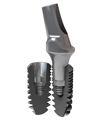 Section of an In-Kone® dental implant and a short abutment