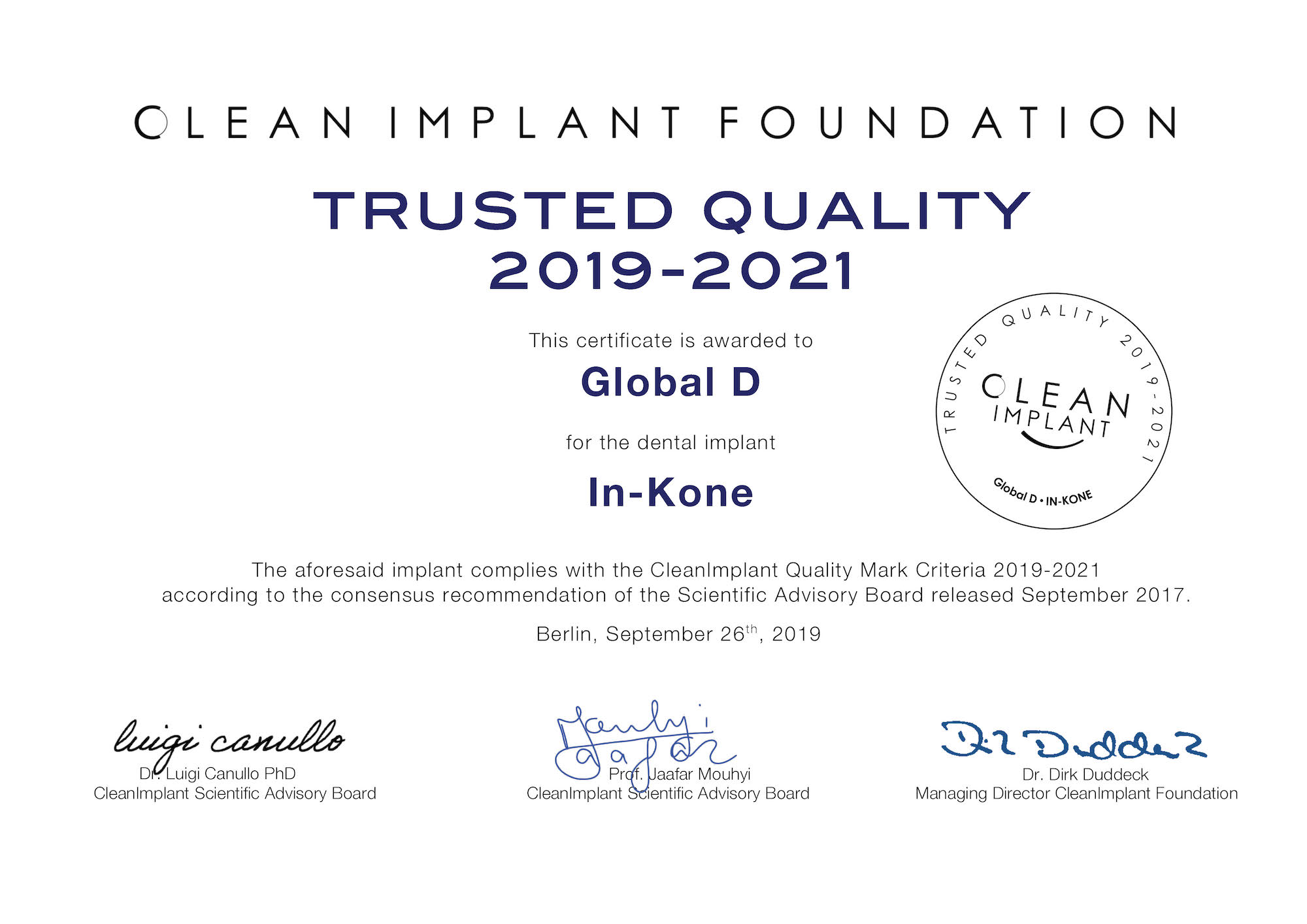 Certification Trusted Qquality - In-Kone® - MCI